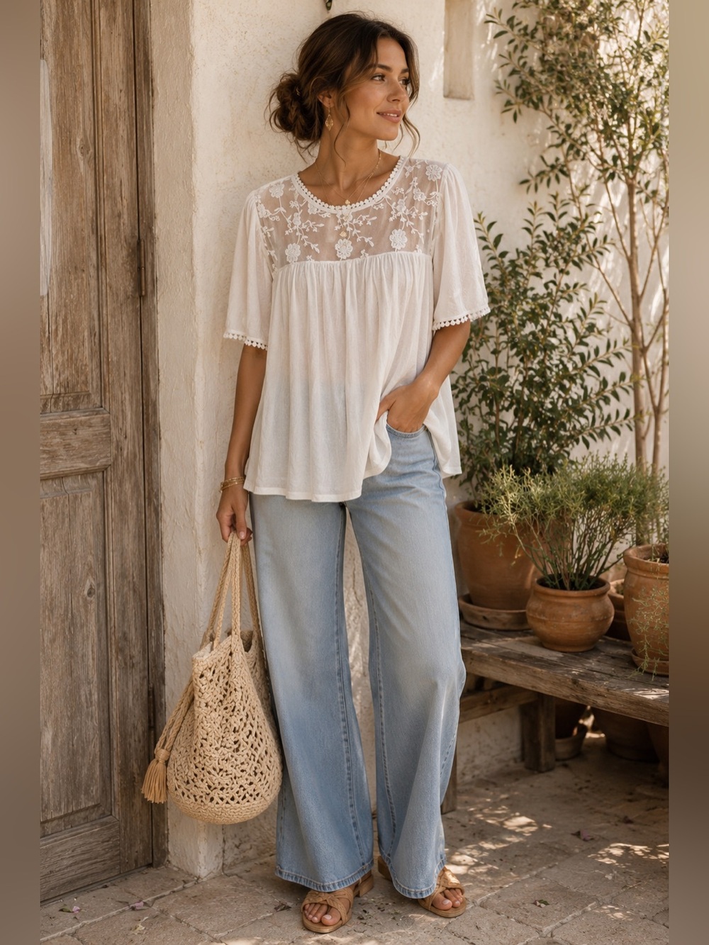 Indigo Rose White & Lace Short Flutter Sleeve Boho Top Size 2X